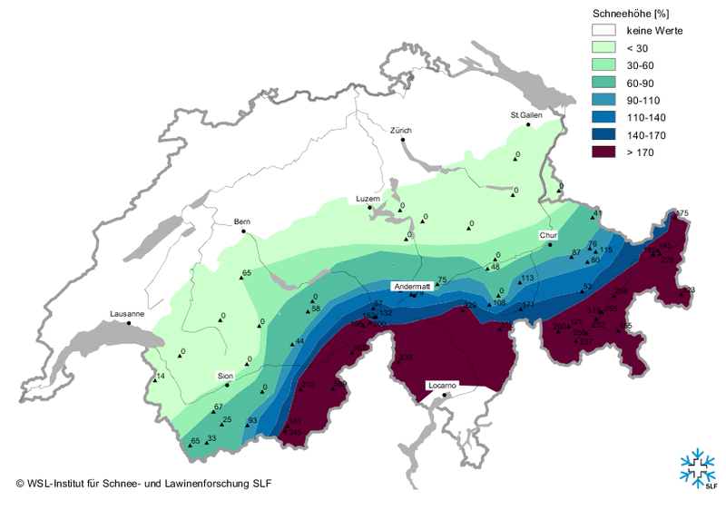 Observed snow depth in percentage when compared to a long-term average of at least 10 years